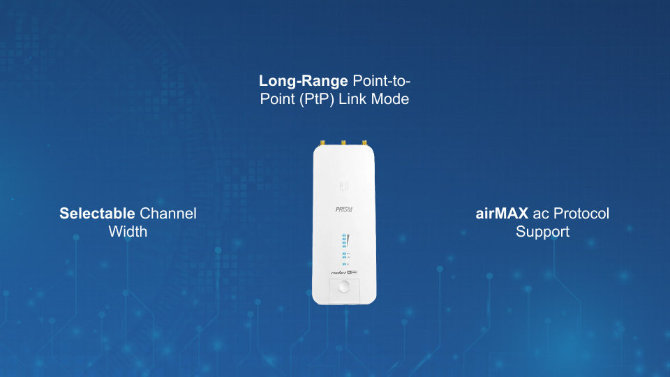 UISP airMax Rocket Prism AC 5GHz base station with airPrism active RF filtering technology.