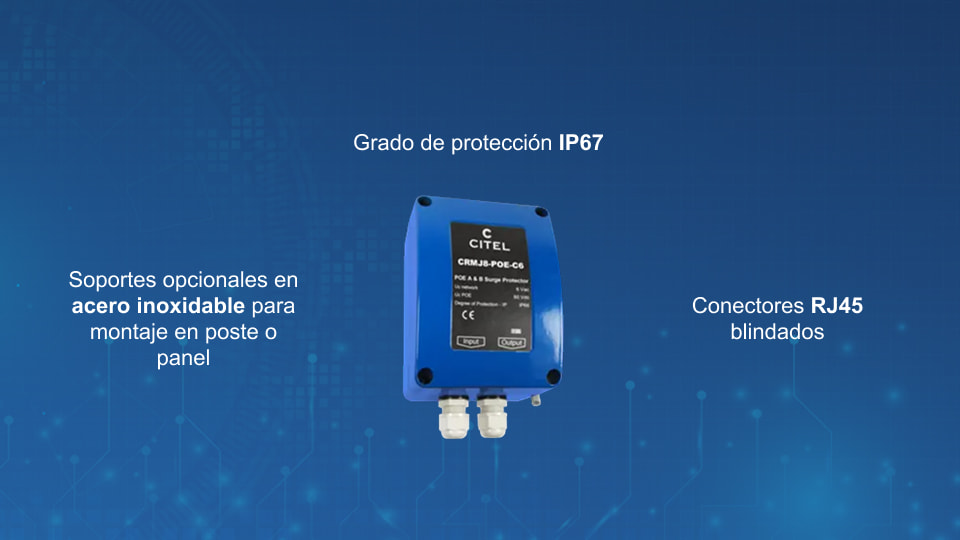 CRMJ8-POE-C6, Protector de sobretensiones PoE de 10 Gbps para exteriores de Citel en caja metálica
